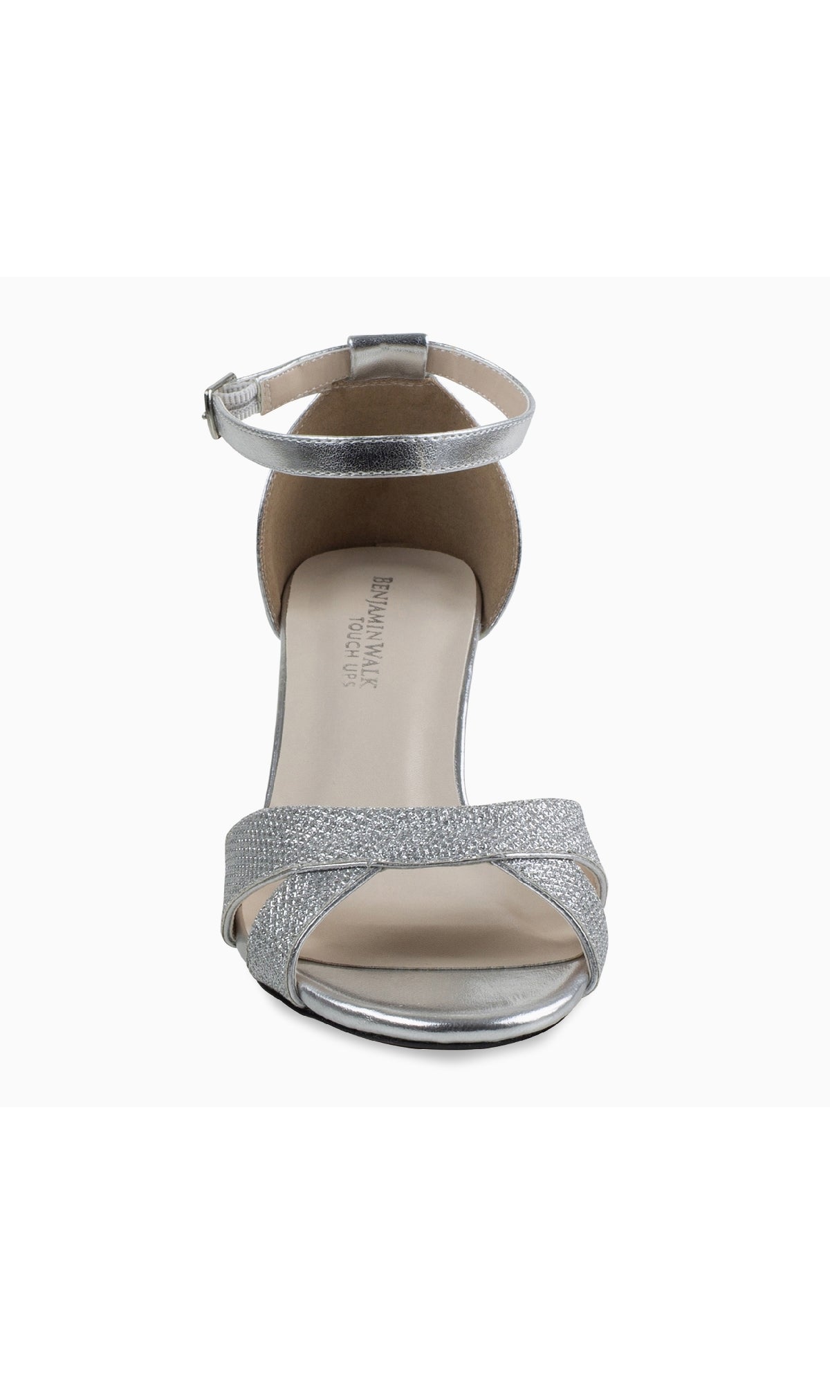 Front view of the Clementine Silver Glitter Prom Shoes by Touch Ups (4613), an open-toe sandal with kitten heels, textured toe strap, and ankle strap with buckle.